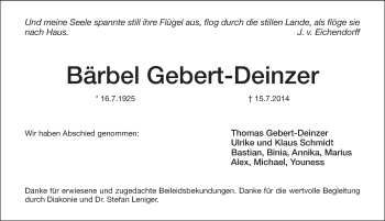 Traueranzeige von Bärbel Gebert-Deinzer von Pegnitz-Zeitung